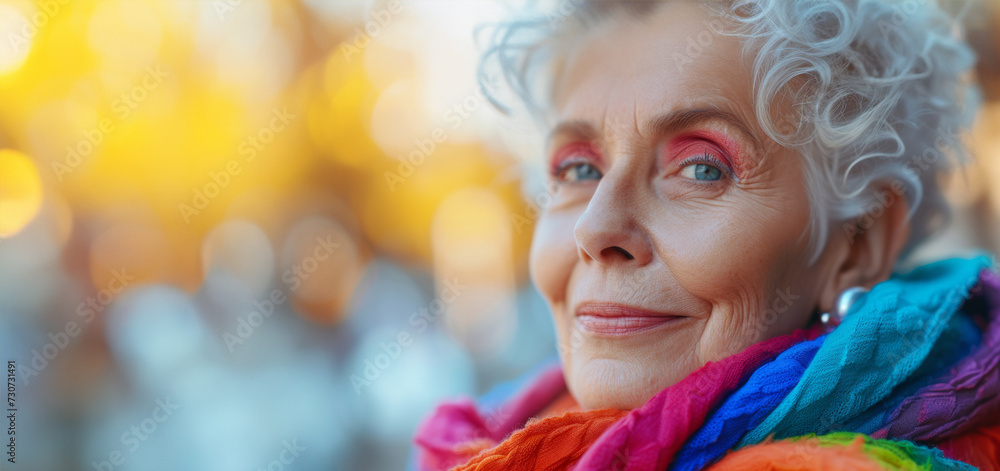 Portrait of good looking senior woman bright makeup looks at camera with pleased expressionisolated over colorful background. People age concept. Image of a beautiful and elegant old woman