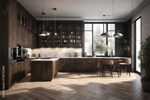 Modern dark wooden contemporary kitchen interior with glass cabinets  furniture and equipment. 3d rendering