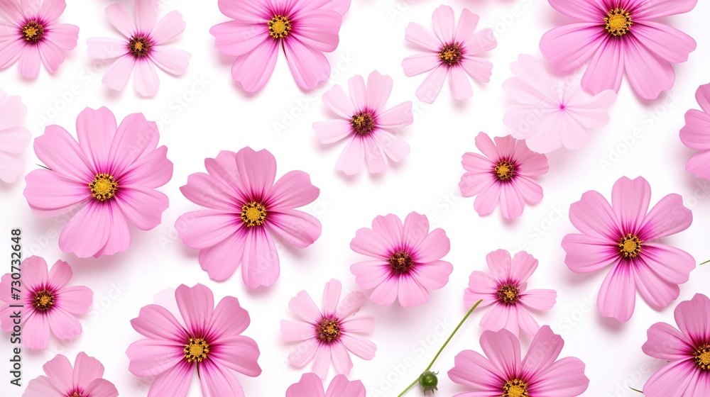 Pink cosmos flowers isolated on white background, top view, seamless pattern. Abstract floral background, creative flat layout, generative ai, 