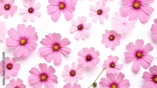Pink cosmos flowers isolated on white background, top view, seamless pattern. Abstract floral background, creative flat layout, generative ai,  © mangsi