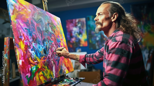 Male painter or artist is painting on a colorful abstract canvas on an easel
