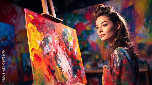 Female painter or artist is painting on a colorful abstract canvas on an easel