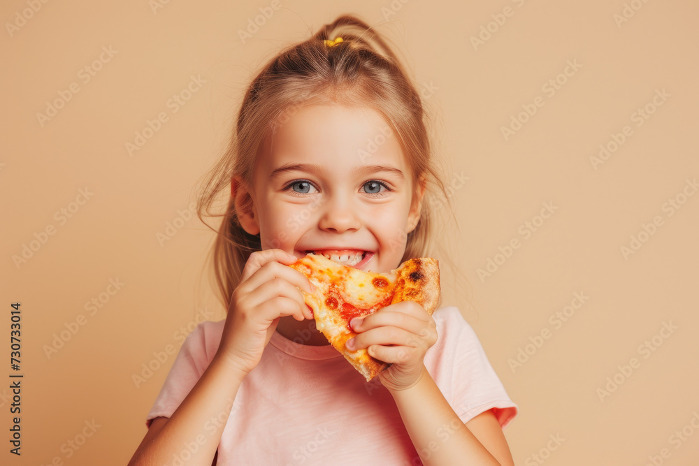 happy little girl eating a piece of pizza on empty beige background