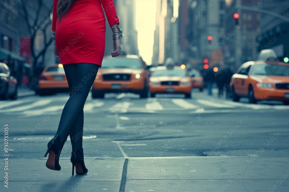 woman walking, high heels, city street and cabs woman walking, high heels, city street and cabs
