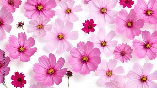 Pink cosmos flowers isolated on white background  top view  seamless pattern. Abstract floral background  creative flat layout  generative ai  