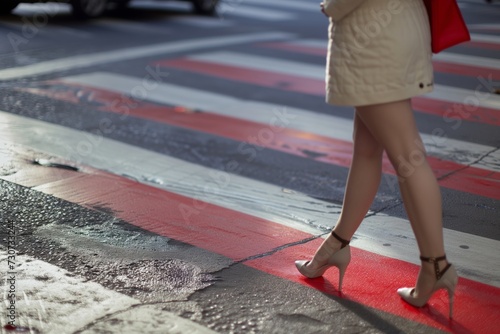 standing in high heels, pedestrian crossing, traffic