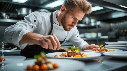 A Chef plating a gourmet dish in modern kitchen. Generative AI.