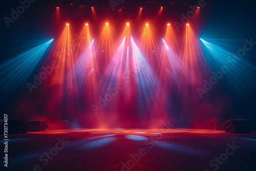 Concert stage light background with spotlight illuminated the stage for night music festival. Empty stage with dynamic color washes. Stage lighting design. Entertainment show.