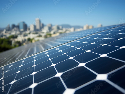 Picture a close-up view of a cutting-edge, polycrystalline solar panel installation atop a city building The panel\'s intricate structure is a marvel of renewable energy technology, its photovol