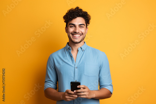 Smiling young man in casual blue shirt posing isolated on yellow orange wall background in studio 