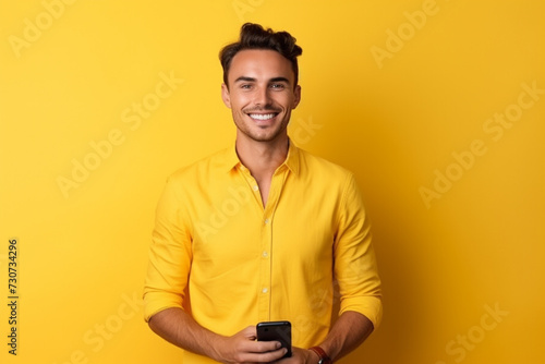 Smiling young man in casual blue shirt posing isolated on yellow orange wall background in studio  © Papisut