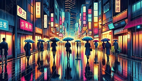 Bustling City Street in the Rain with Umbrellas and Neon Reflections - Generative AI