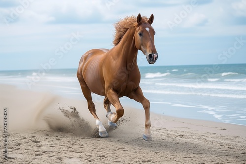 chestnut horse running on beach, sand kicking up behind, toward viewer