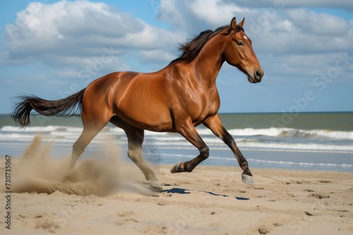 chestnut horse running on beach, sand kicking up behind, toward viewer