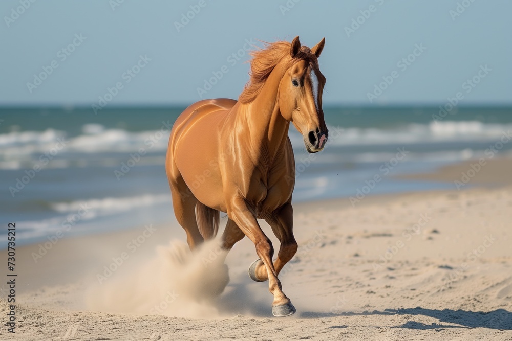 chestnut horse running on beach, sand kicking up behind, toward viewer chestnut horse running on beach, sand kicking up behind, toward viewer