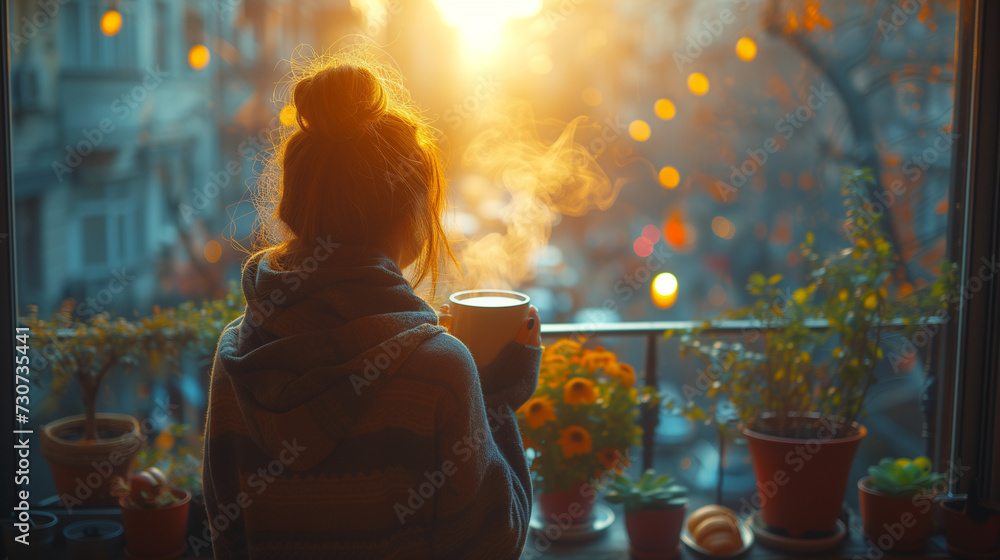 Morning Coffee on the Balcony.
Wooman enjoying coffee on the balcony at sunrise, warm colors of the morning , cityscape in the background Morning Coffee on the Balcony.
Wooman enjoying coffee on the balcony at sunrise, warm colors of the morning , cityscape in the background