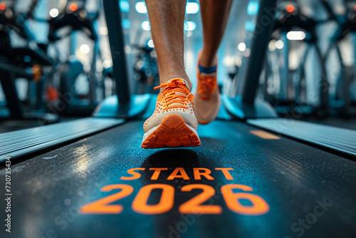 Close up of feet, sportsman runner running on treadmill with word "START 2026" written on treadmill, in fitness club. Cardio workout. Healthy lifestyle, guy training in gym 
