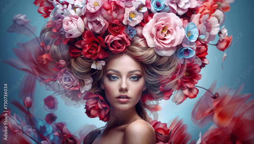 Beautiful woman with flowers in her hair. A portrait of feminine elegance and natural beauty, capturing the essence of summer romance and Floral Glamour