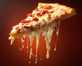 Hot cheese pizza slice with tomato sauce and melty cheese on dark background