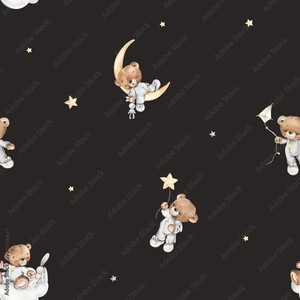 Seamless pattern, watercolor teddy bear and star, cute pattern for nursery. Seamless pattern, watercolor teddy bear and star, cute pattern for nursery.