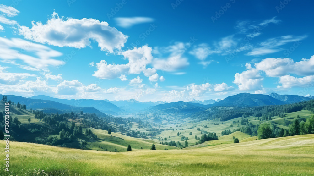 Serene mountain landscape with lush meadows under blue sky Serene mountain landscape with lush meadows under blue sky