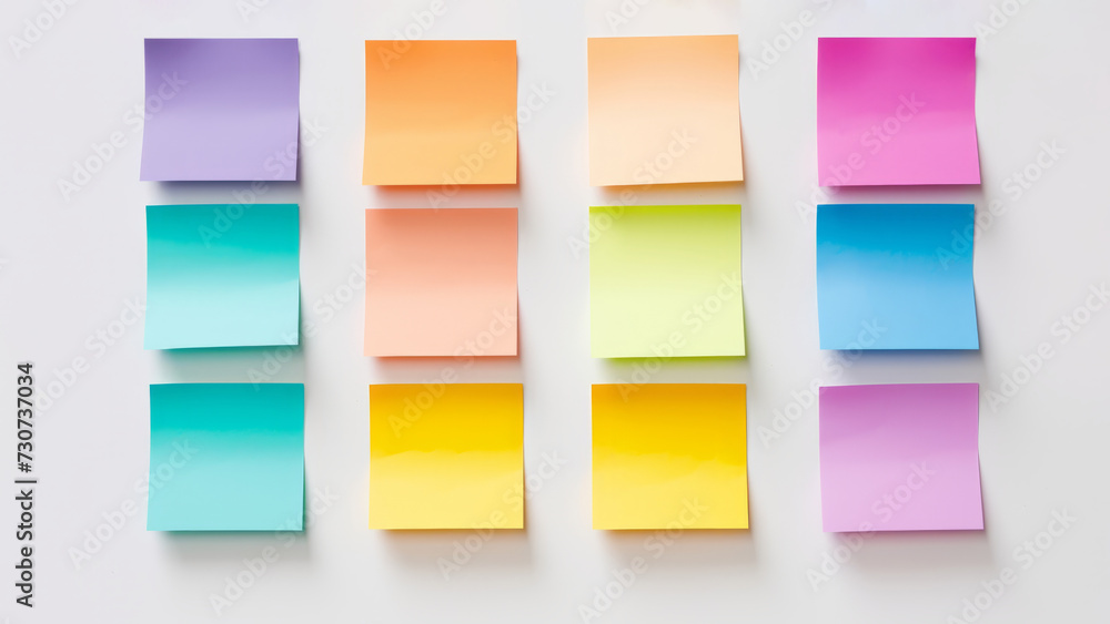 Colorful sticky notes arranged neatly on white background Colorful sticky notes arranged neatly on white background