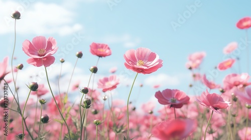 selective focus of pink flowers in the garden on the sky, generative ai, generative, ai