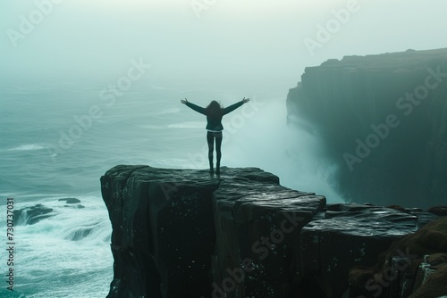 Silhouette of a person with outstretched arms standing on a sea cliff, embodying freedom, against a moody dusk sky.