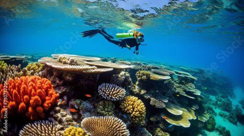 Scuba diver exploring vibrant coral reefs underwater in tropical ocean