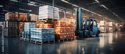 Load beverage crates, forklifts and trucks in industrial hall