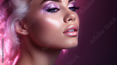 Glamorous woman with pink hair and sparkling makeup in close-up