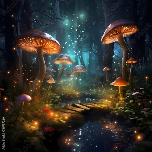 Enchanted forest with glowing mushrooms and fireflies. © Cao