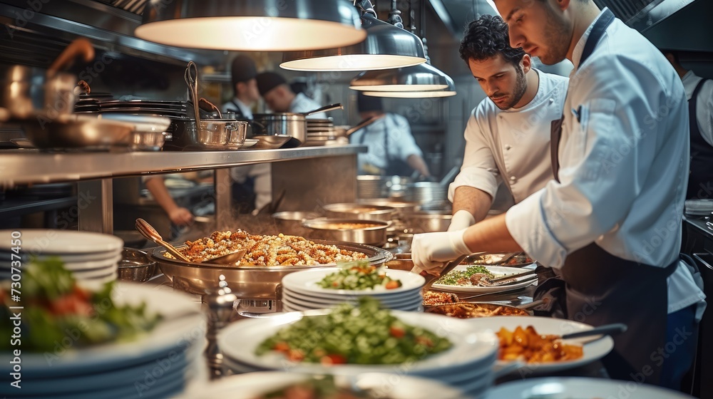 A busy kitchen scene in a high-end restaurant during dinner service. Generative AI. A busy kitchen scene in a high-end restaurant during dinner service. Generative AI.