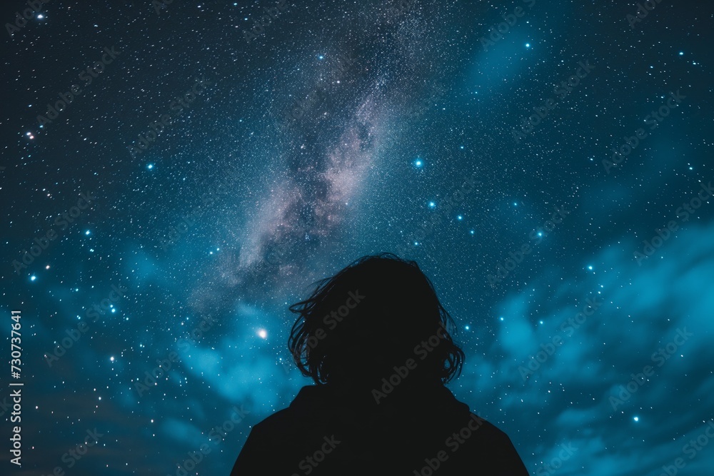 back of persons head gazing up at starfilled sky