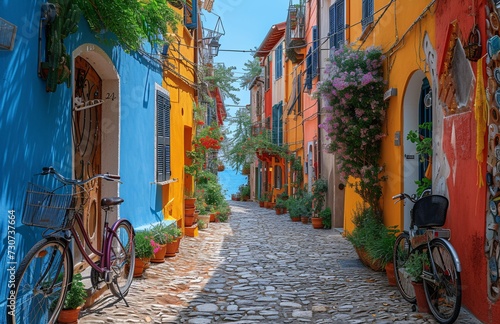 Colorful Alleyway with Bicycles and Potted Plants Generative AI