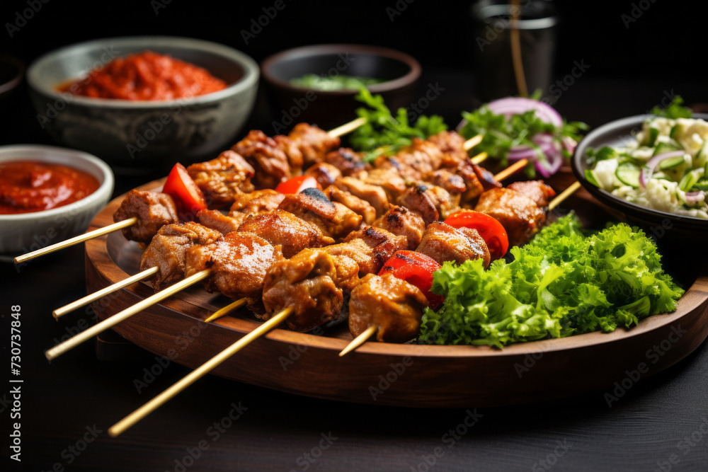 Mouthwatering chicken skewers served with fresh salad and spicy sauce Mouthwatering chicken skewers served with fresh salad and spicy sauce
