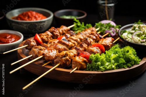 Mouthwatering chicken skewers served with fresh salad and spicy sauce