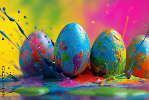 colored Easter eggs splashed with bright paint explosion. Creative concept. Easter card © zamuruev
