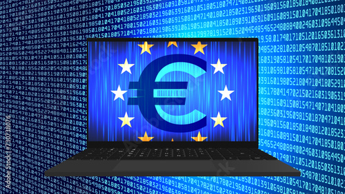 Vector 3D symbol of digital euro of European Union. Currency of Europe. Bright glowing high technology financial poster. Mobile computer. Cyber economic virtual space.