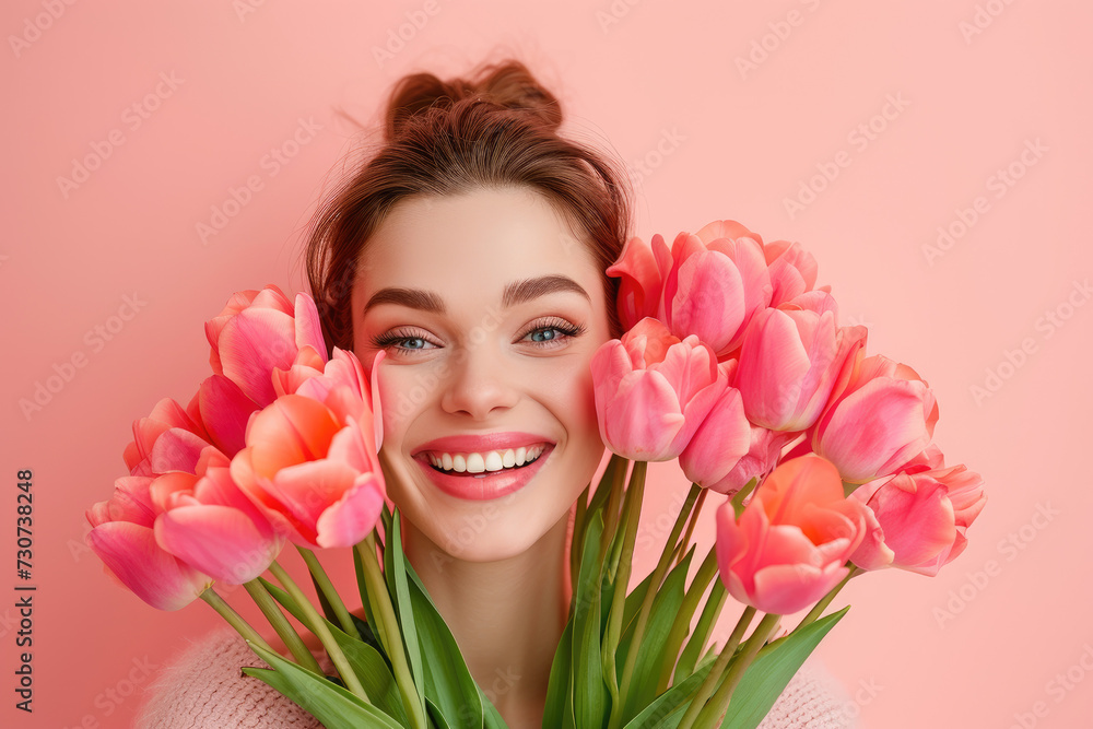 Portrait of a happy woman with a bouquet of tulips, pastel background