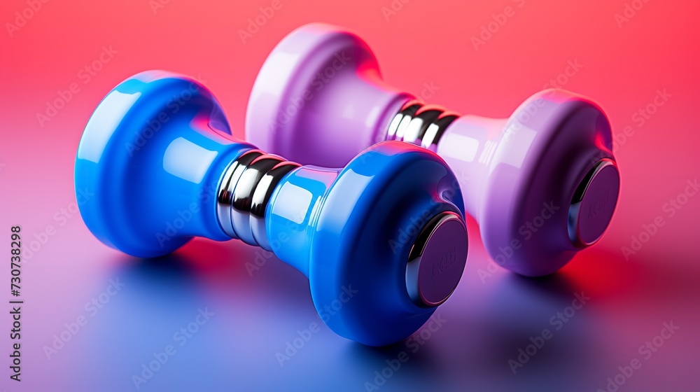 Blue and pink dumbbells on red background Blue and pink dumbbells on red background