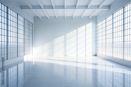 Abstract white studio background for product presentation. Empty room with shadows of window.