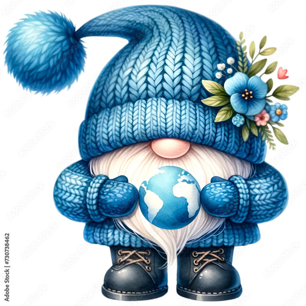 Gnome in blue knit outfit  holding earth illustration on Earthday.