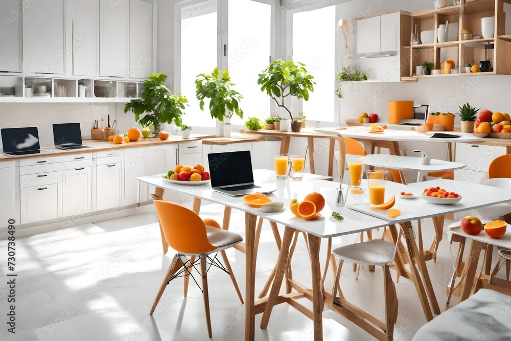 Freelance workplace with laptop, quarantine, distance learning and study. Fruits on plates, orange juice, smartphone, cup with drink on island with chairs in kitchen with white furniture in morning