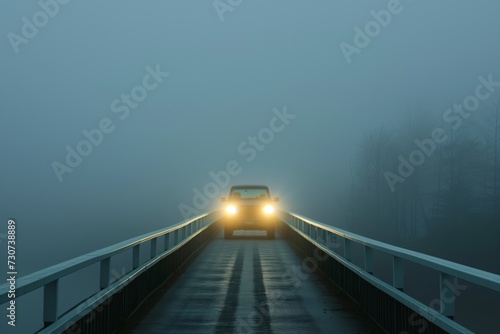 vehicle with bright headlights on a fogcovered bridge