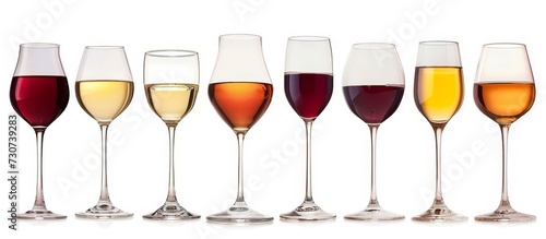 A collection of stemware drinkware displays various types of alcoholic beverages including cognac, dessert wine, and other fluid ingredients.