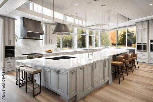 Modern Kitchen Interior with Island, Sink, Cabinets, and Big Window in New Luxury Home.