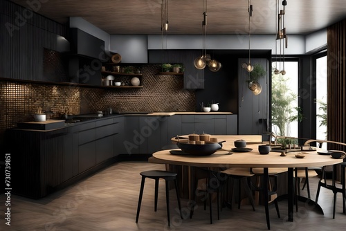 3d rendering modern luxury black kitchen with wooden decoration interior design concept,3d rendering white marble kitchen counter and luxury kitchen with dining table and chairs