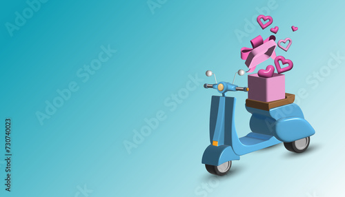 scooter with a box presents and hearts on the back of it, gift delivery