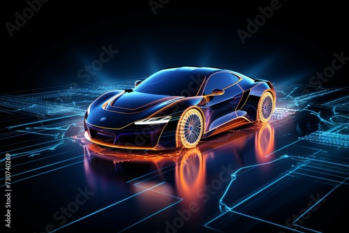 A concept art of a sports car with neon wireframe design, glowing blue on a futuristic grid, suggesting speed and modernity. © GreenMOM